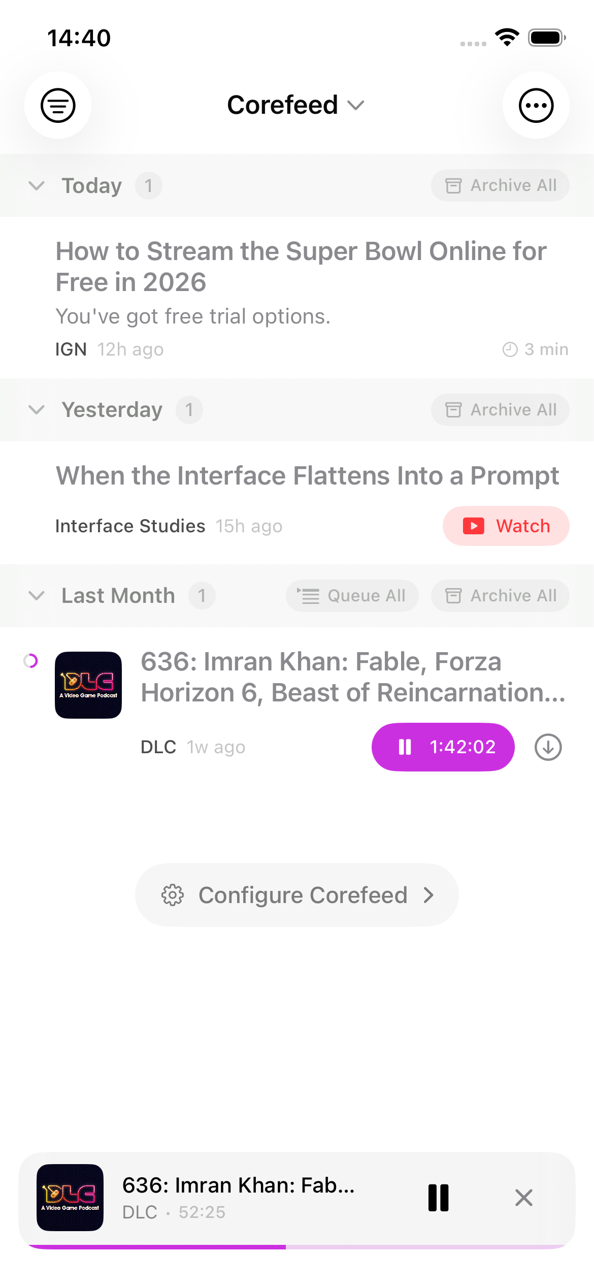 Feed view with time buckets